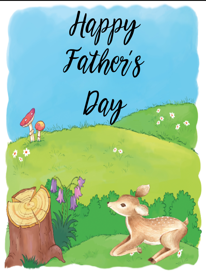 Free printable Father's Day card. Deer in wood scene. Inside says #1 Dad.