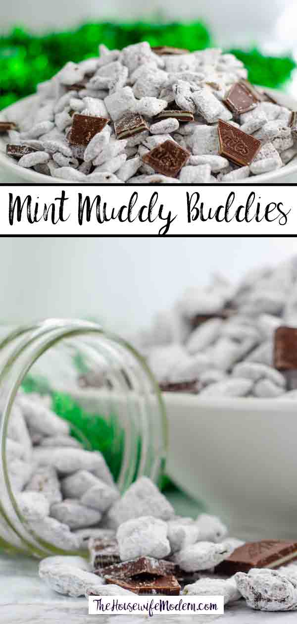 Andes Mint Muddy Buddies, Andes Mint Puppy Chow. Delicious mint chips and chocolate chips combine into puppy chow topped with Andes mints. Mint chocolate muddy buddies...a delicious and easy treat! #mint #muddybuddies #puppychow