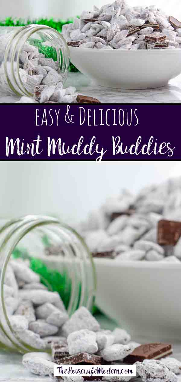 Andes Mint Muddy Buddies, Andes Mint Puppy Chow. Delicious mint chips and chocolate chips combine into puppy chow topped with Andes mints. Mint chocolate muddy buddies...a delicious and easy treat! #mint #muddybuddies #puppychow