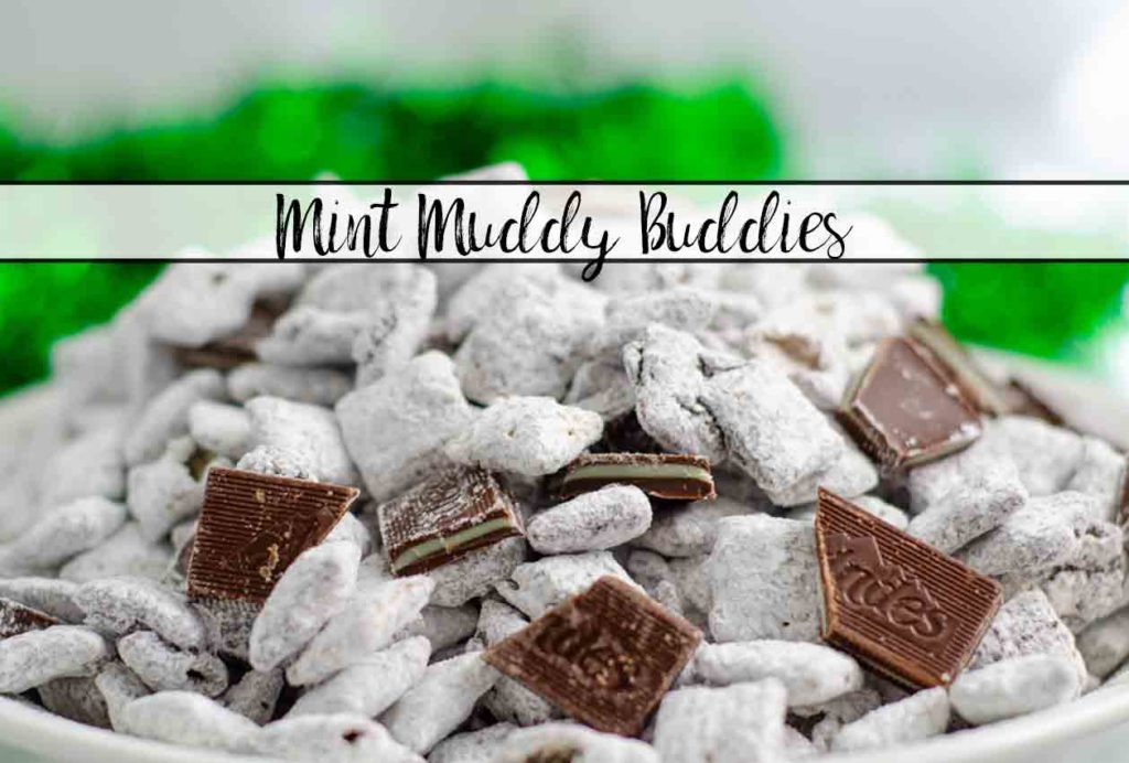 Andes Mint Muddy Buddies, Andes Mint Puppy Chow. Delicious mint chips and chocolate chips combine into puppy chow topped with Andes mints. Mint chocolate muddy buddies...a delicious and easy treat!