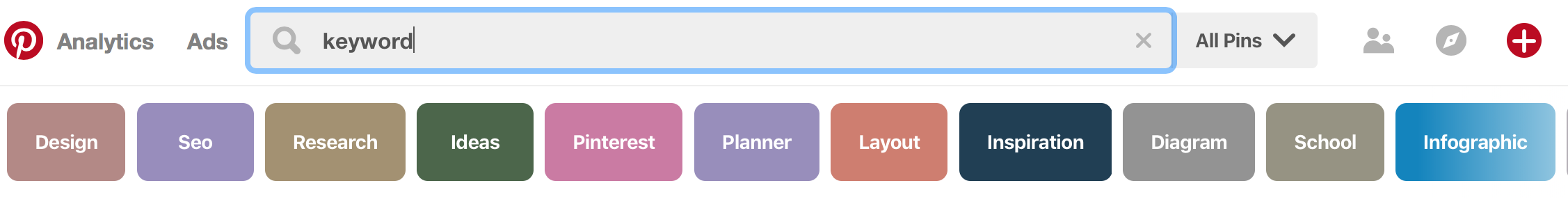 After you hit enter and your search results pop up, Pinterest provides little boxes to help you narrow down your search.
