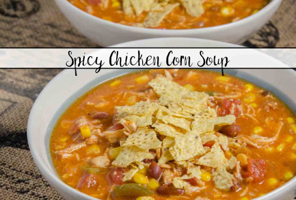 Spicy Chicken Corn Soup. Shredded chicken, corn, tomato, and a delicious blend of spices combine making a delicious and filling soup. Easy to make.