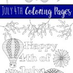 Pin image for free printable July 4th coloring pages. Preview of all four pages. Blue block with white letter text overlay.