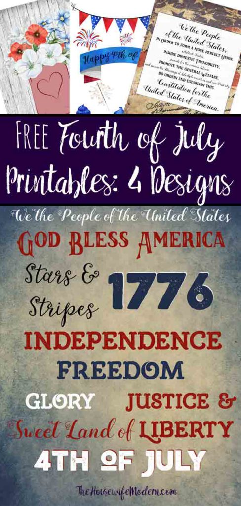 Pin image. Preview of all 4 pieces of free printable Fourth of July wall art.