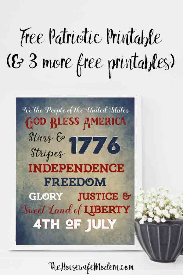 Pin image of free printable Fourth of July Wall Art. Picture of 1 of the wall art pieces with text overlay.