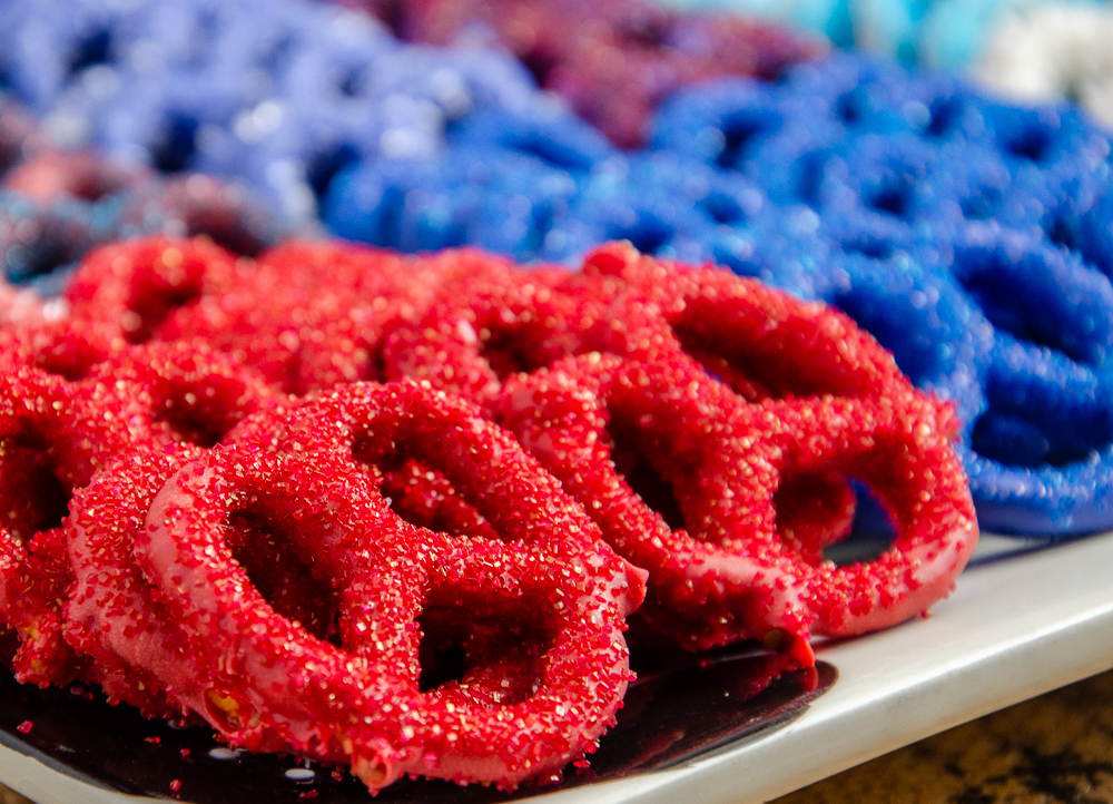 Close-up of red pretzels