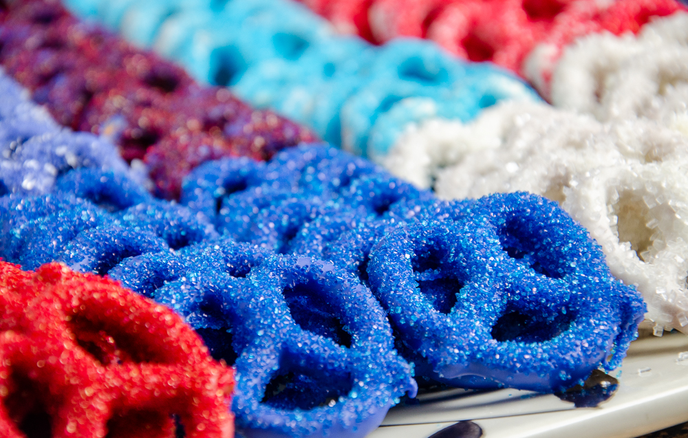 Close-up of blue pretzels.