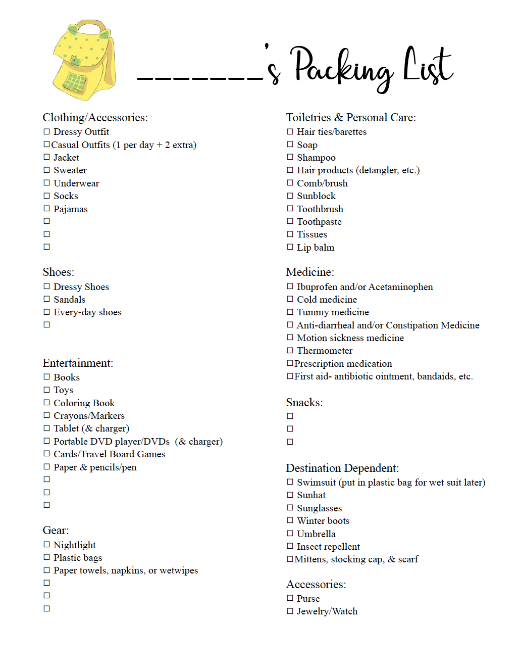 free printable travel packing list for school age children