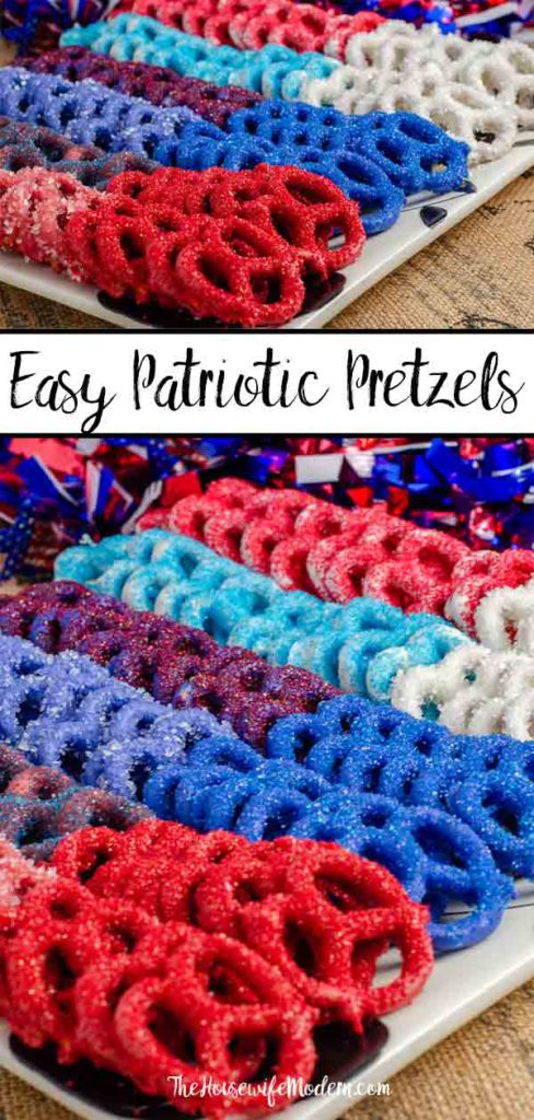 Pin image for patriotic pretzels. Two views of pretzels with text overlay.