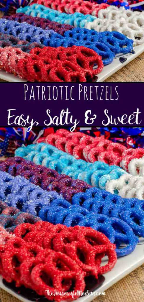 Pin image for patriotic pretzels. Two views of pretzels with text overlay.