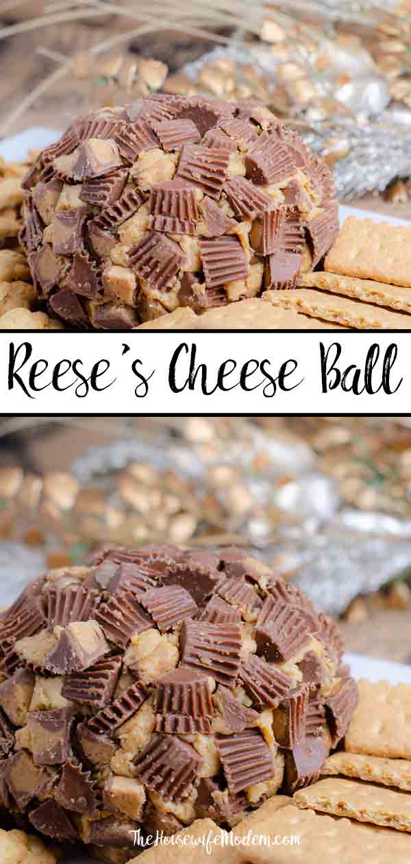 Reese's Cheese Ball_Pin1 Reese's Peanut Butter Cup Cheese Ball. This to-die-for dessert (or appetizer!) is easy to make and absolutely delicious. I always catch at least one guest eating it with a spoon instead of on the graham crackers. #reeses #reesescup #peanut butter #appetizer #dessert