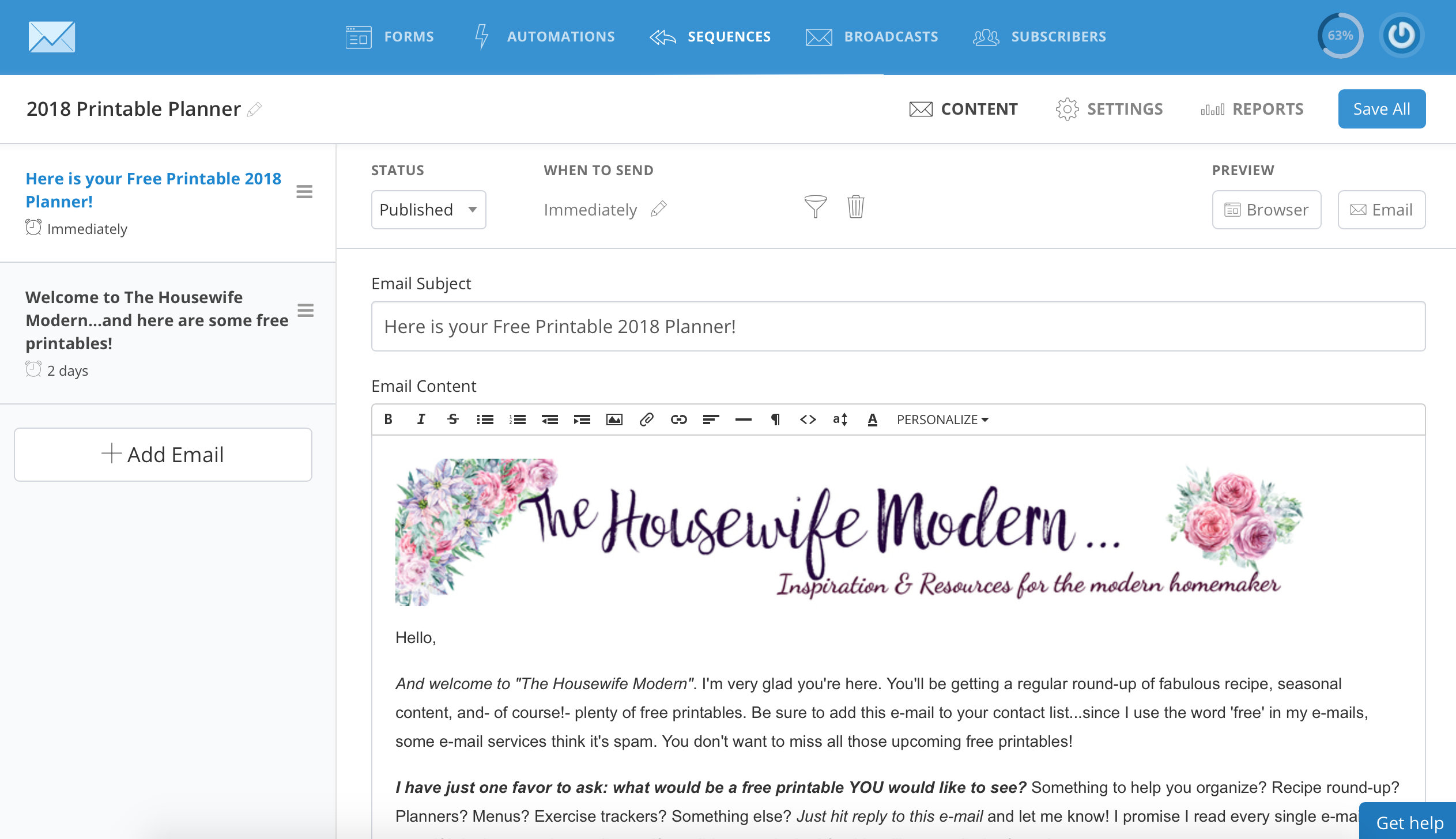 ConvertKit_sequences It's easy to flip between e-mails in a sequence, editing them as you need.