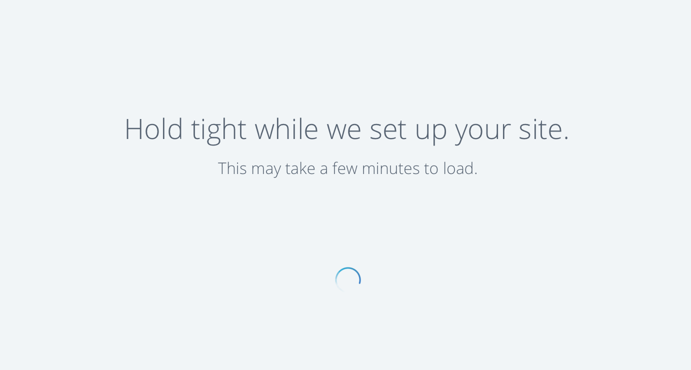 After you hit the purchase button, this screen (or one like it) will pop up. Bluehost is setting up Wordpress for you automatically. It WILL take a few minutes. Just be patient.