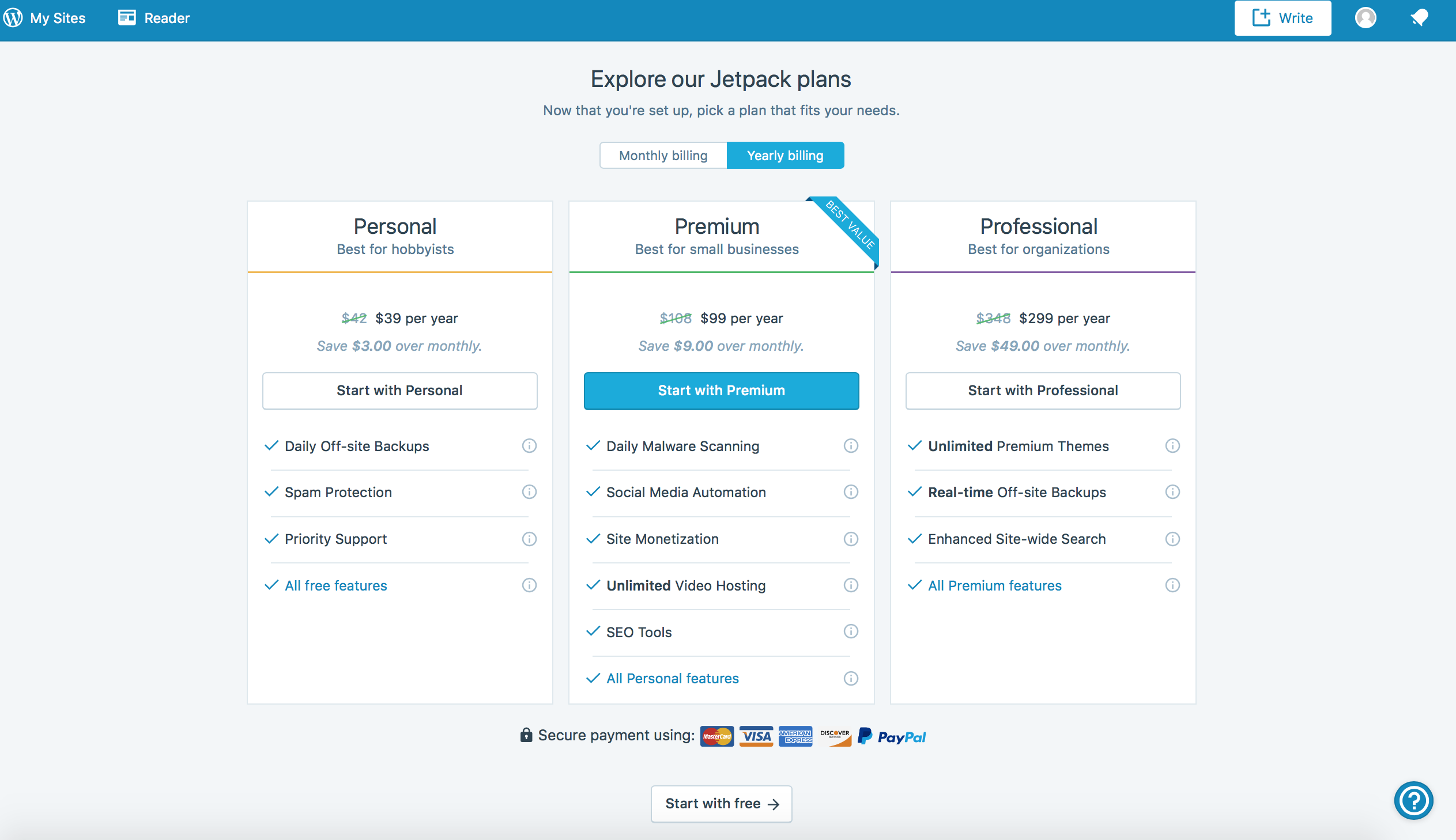 Choose the free option (small button below those big areas asking for money...haha). Don't invest money in your site unless you know exactly what you're getting and why.