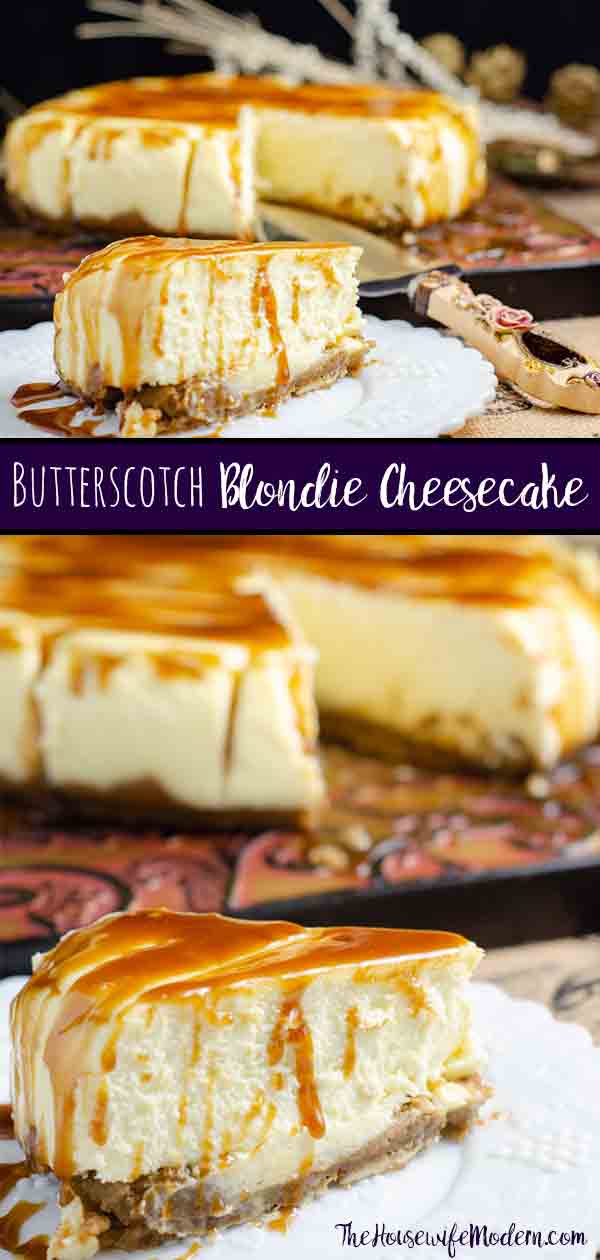 Butterscotch Blondie Cheesecake. Blondie crust, delicious to-die-for cheesecake, salted bourbon butterscotch sauce. This amazing dessert is one-of-a-kind. #cheesecake #blondie #butterscotch #dessert #sweet