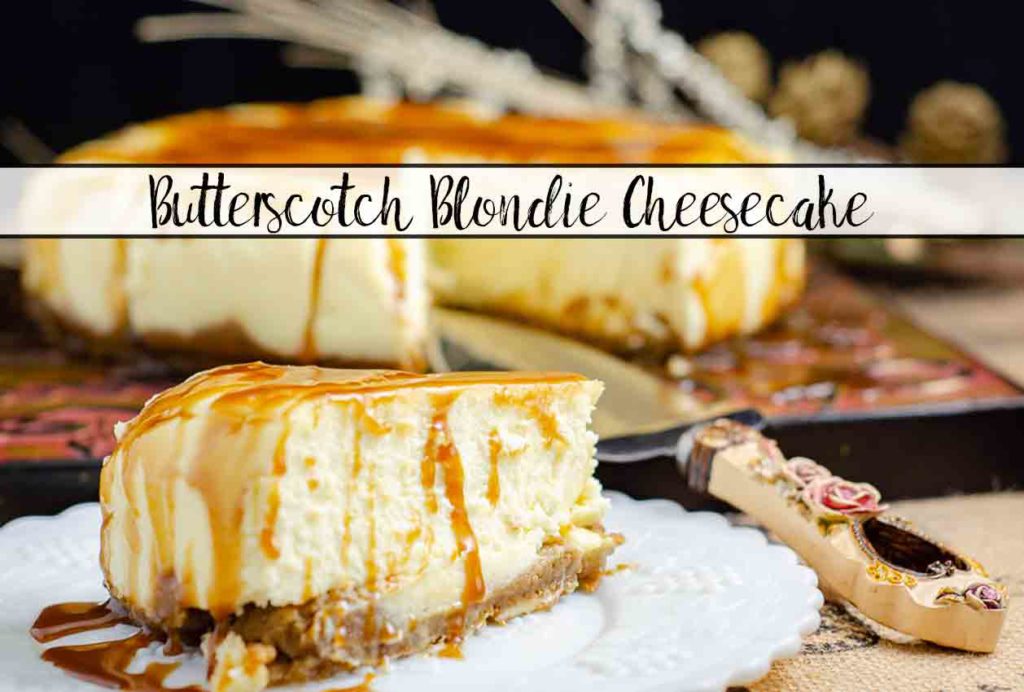 Butterscotch Blondie Cheesecake. Blondie crust, delicious to-die-for cheesecake, salted bourbon butterscotch sauce. This amazing dessert is one-of-a-kind.