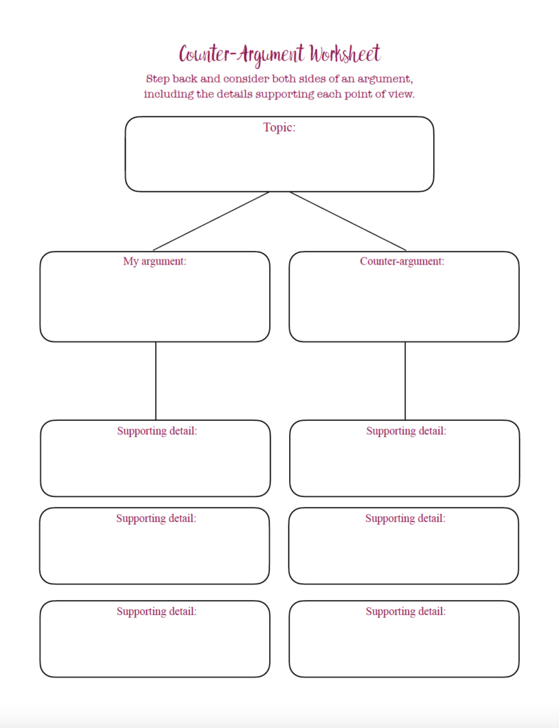 Challenge yourself to look at an issue from another perspective with this free printable counter-argument worksheet. Write out your position, argue the opposite side, examine the strongest points on both sides of the argument, and consider whether your original view has changed.