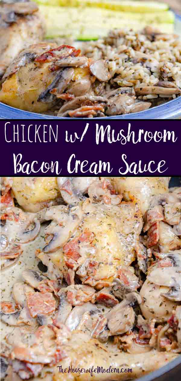 Chicken with Bacon Mushroom Cream Sauce and Wild Rice. Juicy chicken, crispy skin, bacon, mushrooms, and cream sauce combine into a delicious dinner. #chicken #dinner #bacon #mushrooms