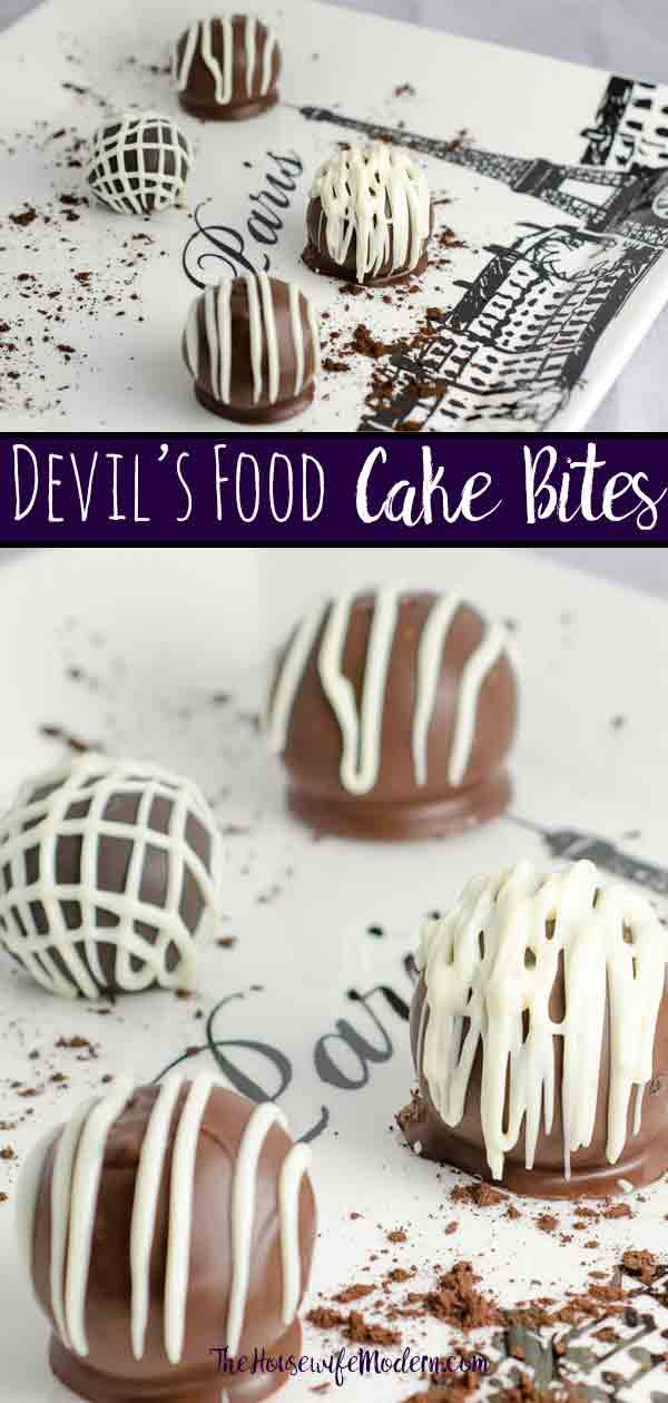 Devil's Food Cake Bites_Pin1 Luscious Devil's Food Cake Cake Bites. Devil’s food cake, special dark frosting, Ghirardelli chocolate wafers combine into bite-sized desserts. #chocolate #cake #cakebites #dessert #sweets