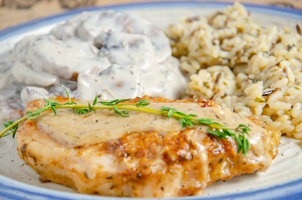 LR_Thyme Pork Chops3 Thyme Pork Chops with Cream Pan Sauce. Elegant dinner, but easy to make. Stove-top recipe (no oven required!).