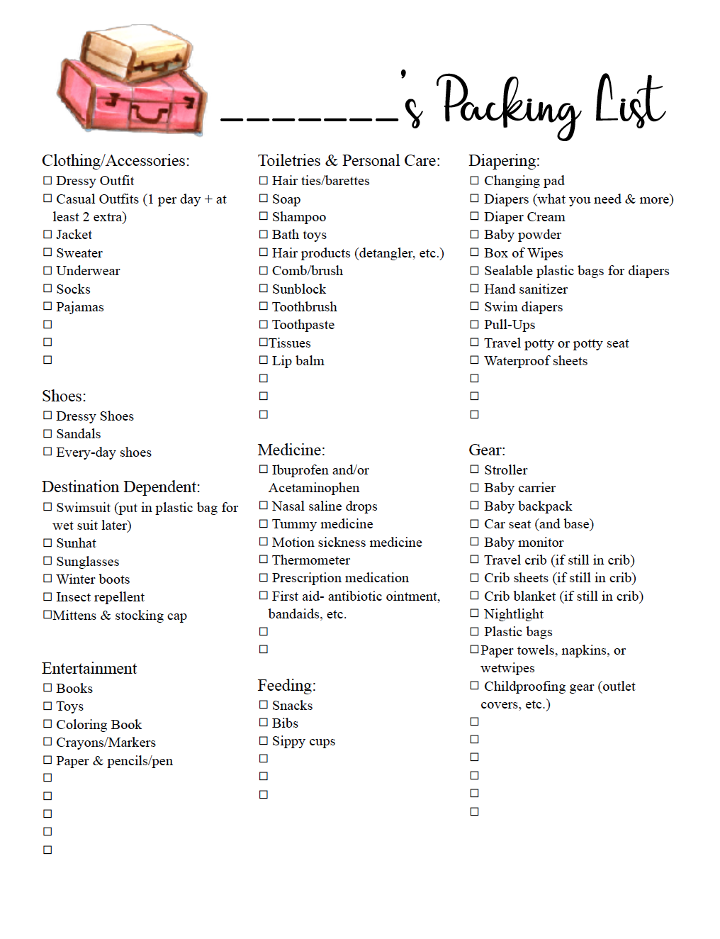 free printable travel packing list for toddlers