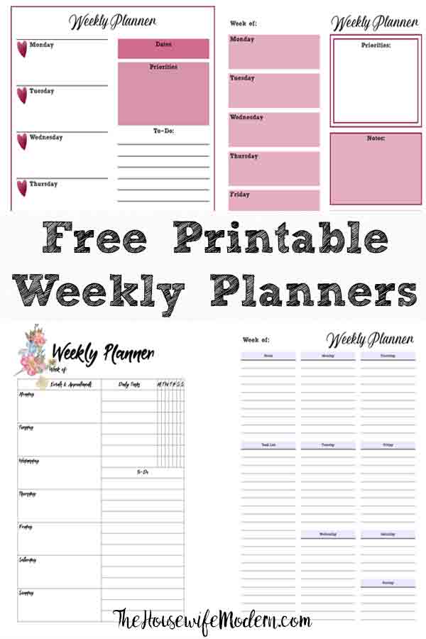 Free Printable Weekly Planners: Monday Start. 4 Designs. Monday to Sunday free printable weekly planners. #planner #planners #freeplanner #printable #freeprintable