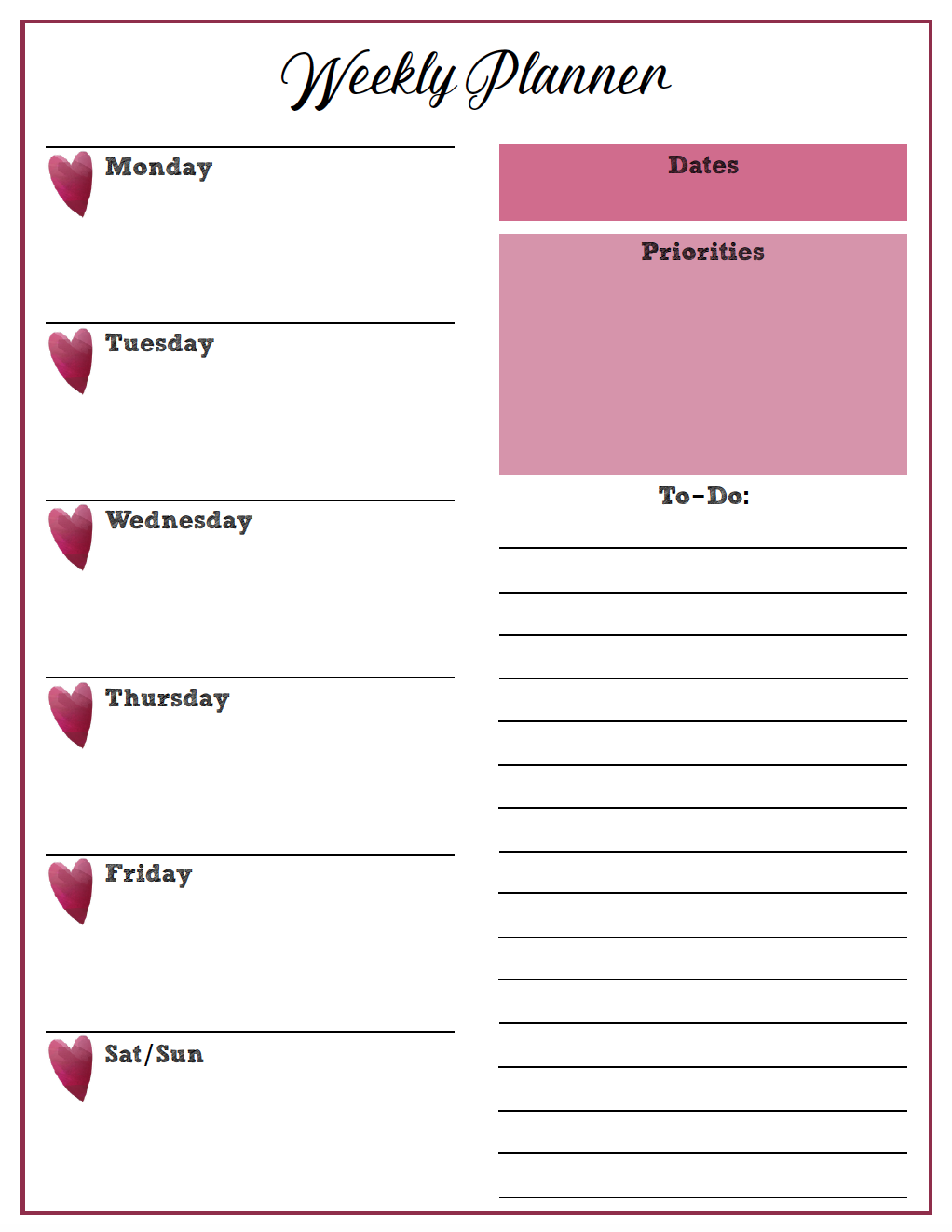free printable weekly planners monday start