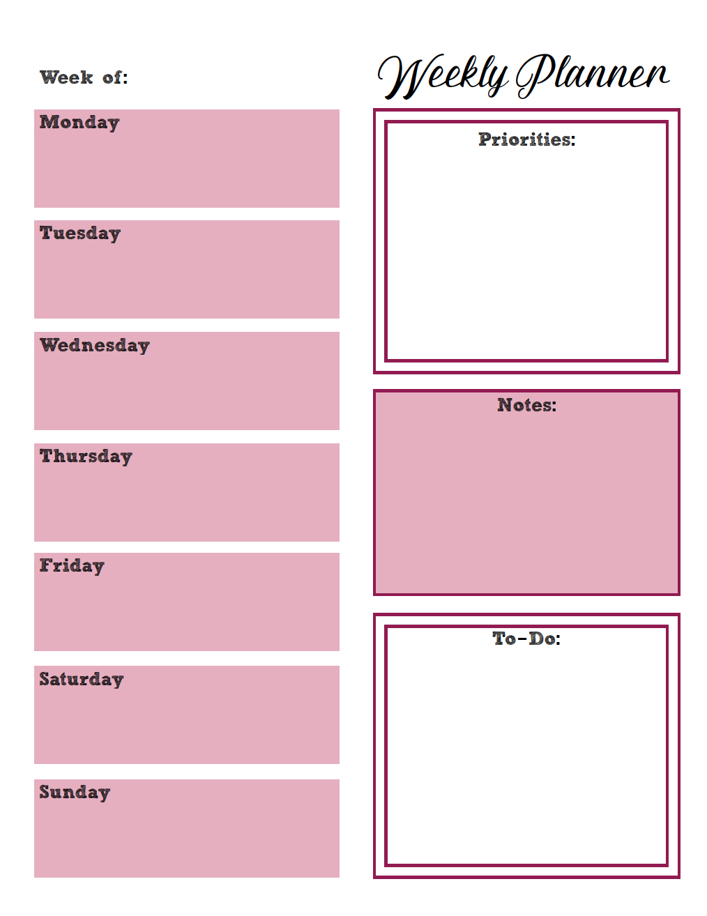 Free Printable Weekly Planners Monday Start