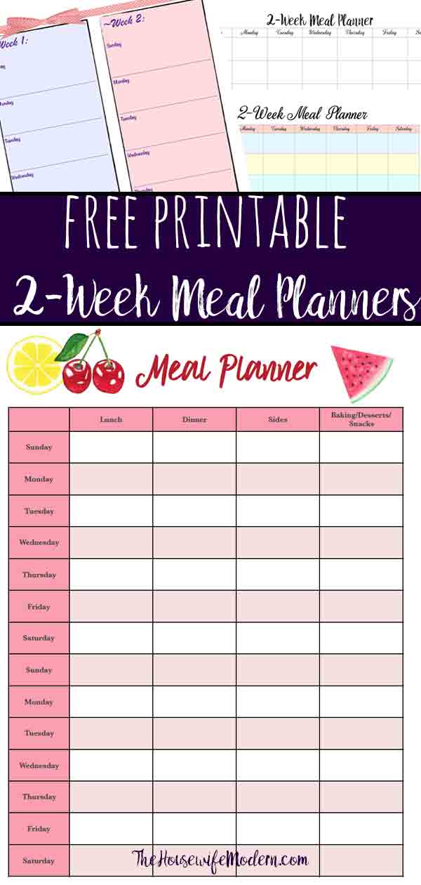 Free Printable 2-week Meal Planners: 4 different designs. Save time and money by meal planning! #free #freeprintable #meal #mealplanner
