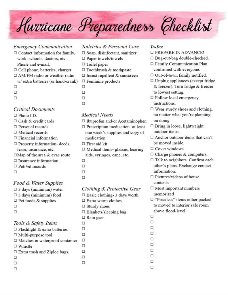 Free Printable Hurricane Preparedness Checklist. And emergency preparedness tips. What you need to do to prepare for a hurricane. #free #printable #hurricane #hurricaneprepare #hurricanepreparedness