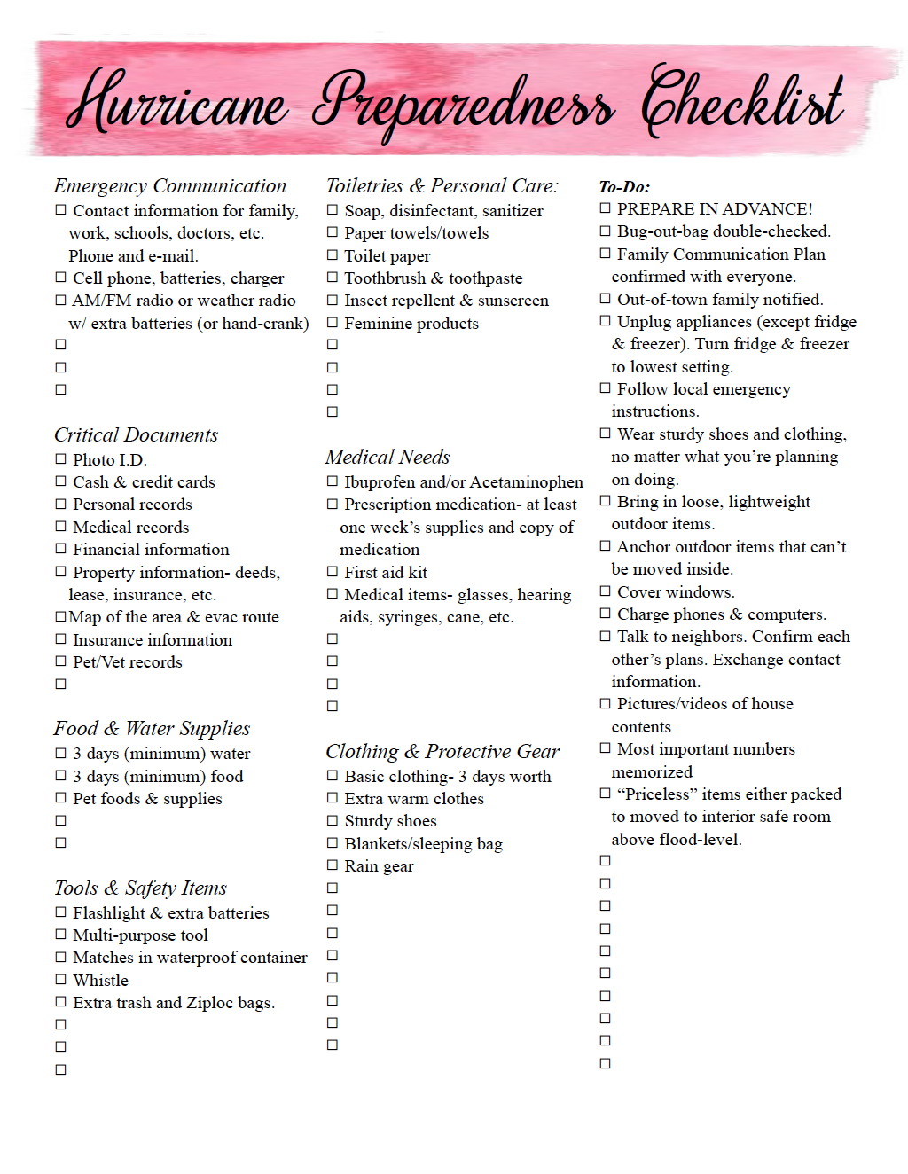 Hurricane Preparedness Checklist Printable