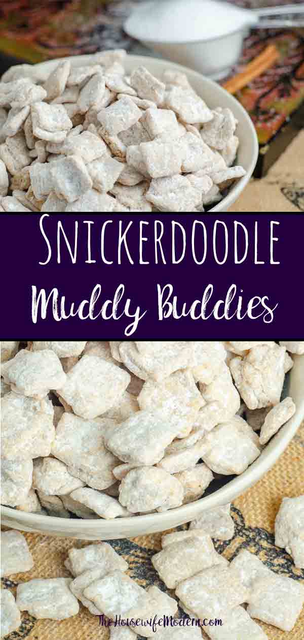 Snickerdoodle Muddy Buddies. This sugar and cinnamon treat is quick and easy. Snickerdoodle Puppy Chow is great for snacks, gifts, or the midnight munchies! #muddybuddies #puppychow #snickerdoodle