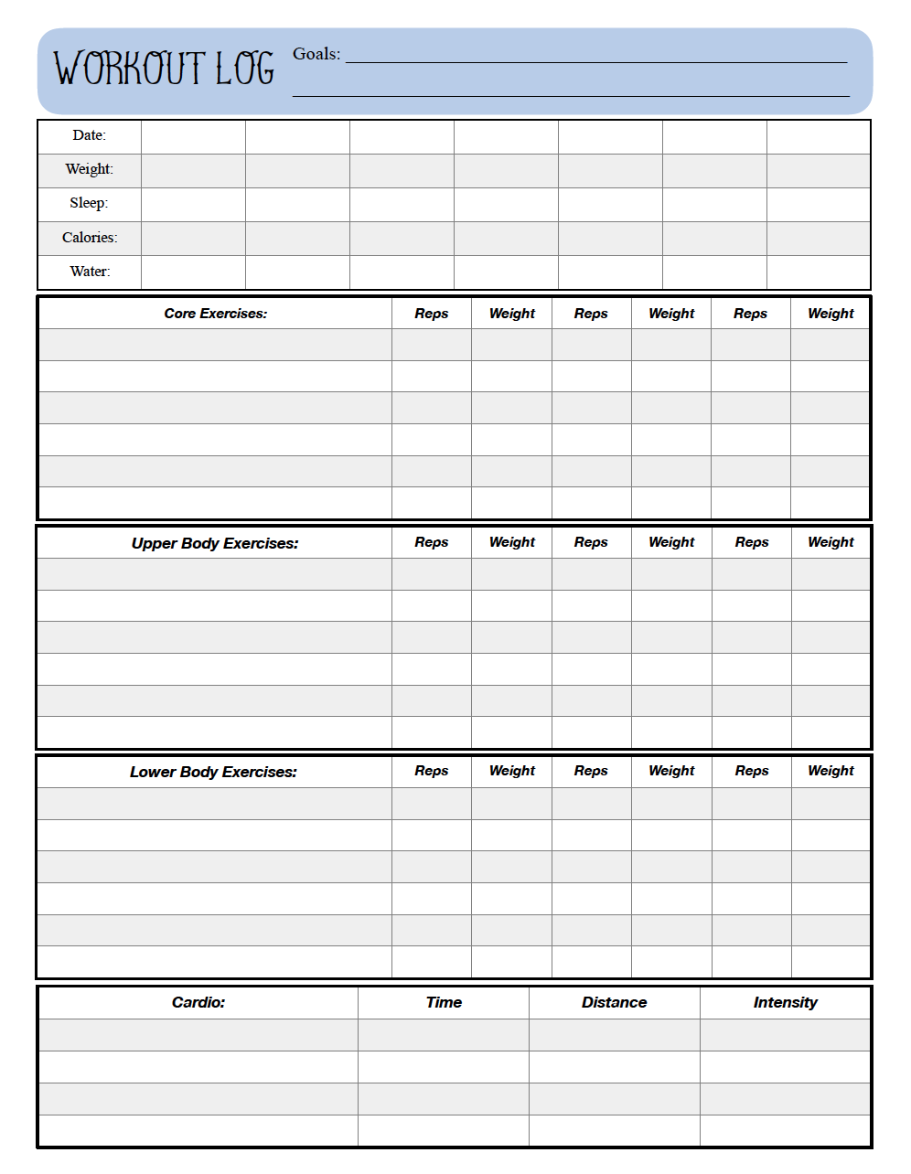 Free Printable Workout Log