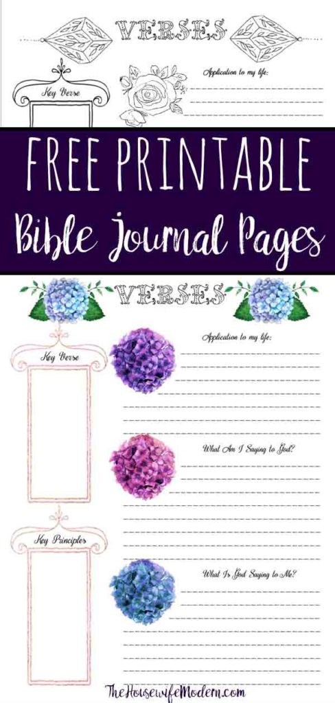 Pin image for free bible journaling printables. Preview of both pages with text overlay on purple