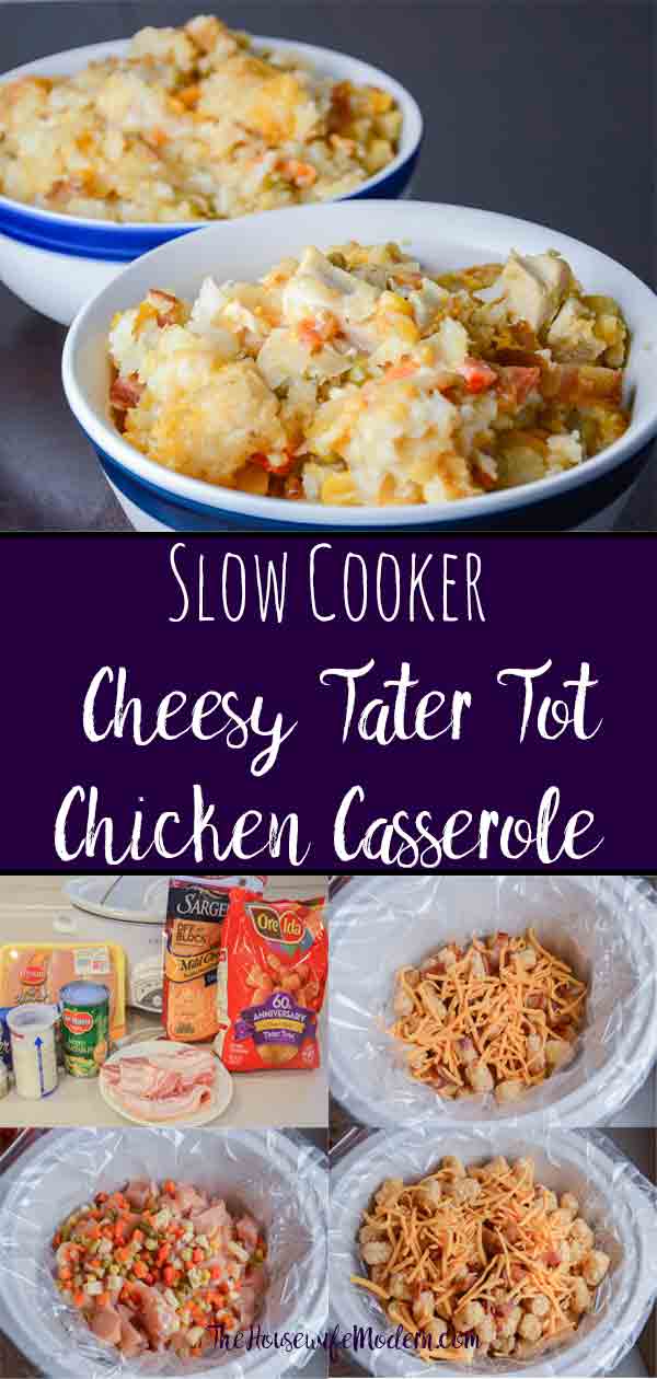 Cheesy Chicken Tater Tot Casserole: An Easy Slow-Cooker Meal. Delicious, satisfying casserole that you won't feel guilty making. #casserole #slowcooker #cheese #chicken #tatertot