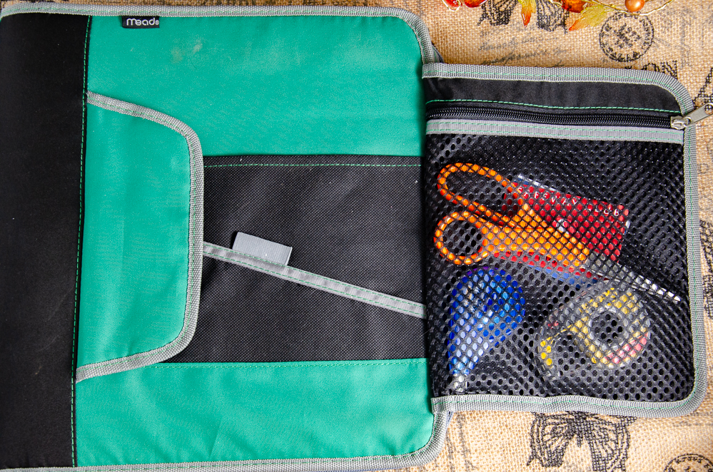 Use a zipper binder. The front flap is useful for storing scissors, tape, calculator, or store cards.