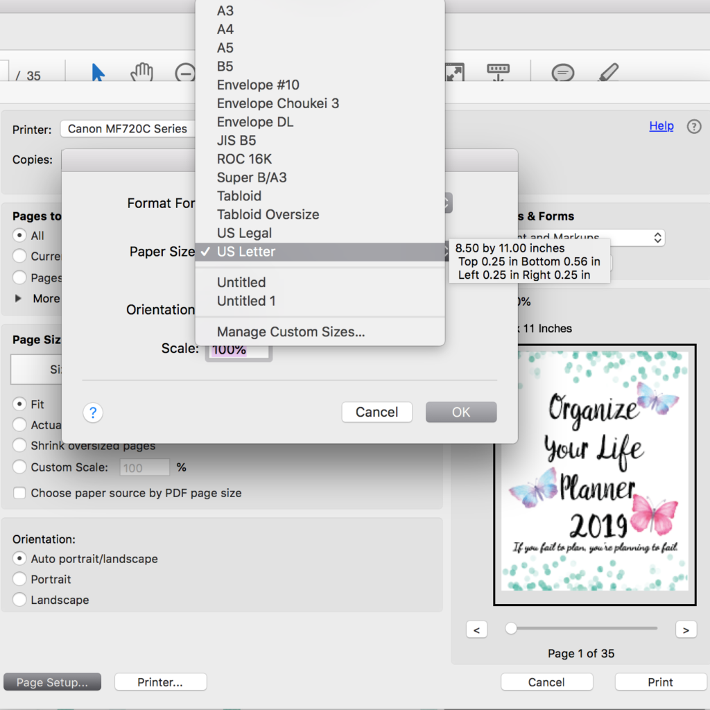 In the 'page setup' box, select 'paper size.' When you click there, you can choose other paper sizes. Select your size. Hit "OK".