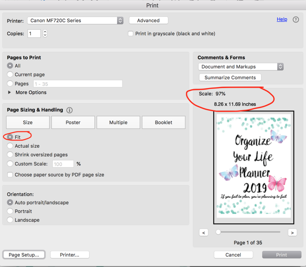 Under "Page Sizing & Handling", make sure "Fit" is selected (circled in red). You will see in the preview box that it now has the scale and your new paper size listed.