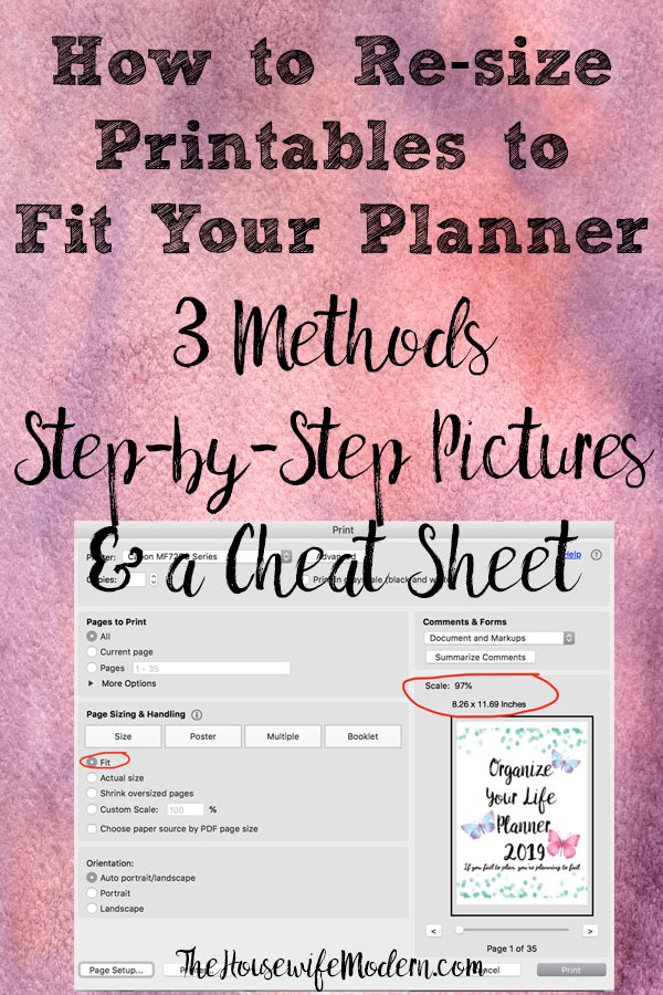Pin image on how to resize printables to fit your planner. Pink purple gradient background with computer screen and text overlay.