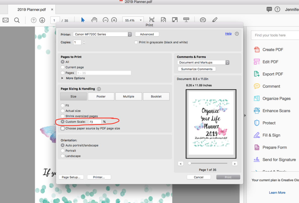 Under "Page Sizing & Handling," click on "Custom Size." Then enter the percentage you want to print at. You can see in the preview that the image is resized and centered on the page.