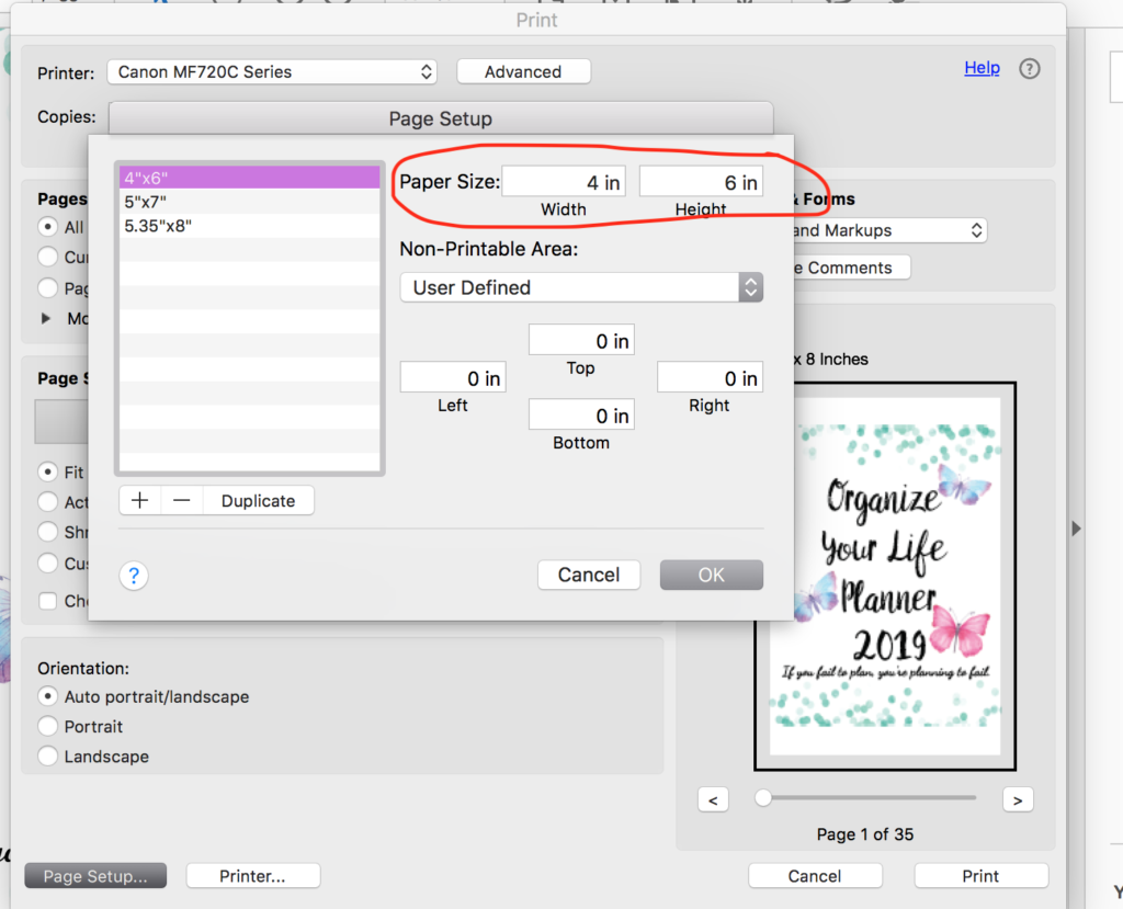 Under "Page Setup", select "Manage Custom Size". Then input your planner size. You can also add margin. Select okay. Then select "fit" under "Page Sizing & Handling". Print.