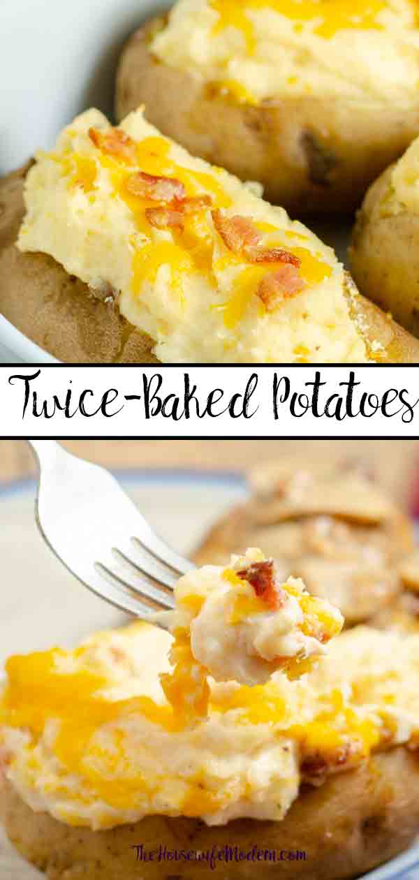 Twice-Baked Potatoes. Creamy, cheesy, delicious side dish that can be made in advance! Potatoes mixed with cheese, butter, sour cream, cream cheese, and bacon. #potatoes #twicebakedpotatoes #sidedish #bacon #cheese