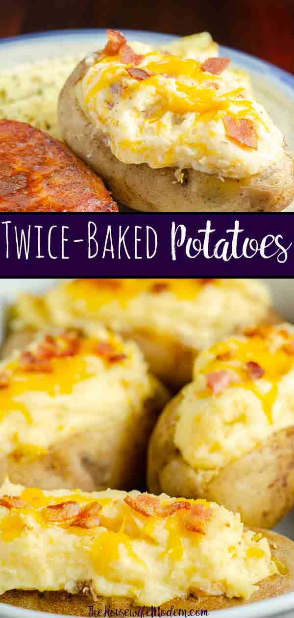 Twice-Baked Potatoes. Creamy, cheesy, delicious side dish that can be made in advance! Potatoes mixed with cheese, butter, sour cream, cream cheese, and bacon. #potatoes #twicebakedpotatoes #sidedish #bacon #cheese