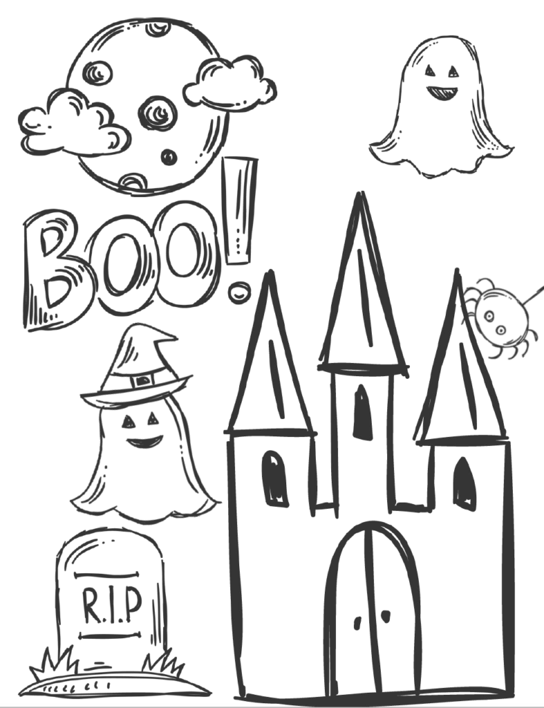 House, ghosts, gravestone, and Boo! Free printable halloween coloring pages for kids. 5 designs to choose from! Spooky houses, ghosts, pumpkins, and fall-theme from easy to a little more difficult. #free #printable #freeprintable #halloween #coloring #halloweencoloring #freecoloring