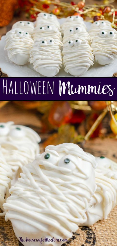 Halloween Mummies. White chocolate, peanut butter filling, decorated for Halloween. No-bake dessert that is cute and so delicious! #halloween #halloweenmummies #mummies #peanutbutter #whitechocolate