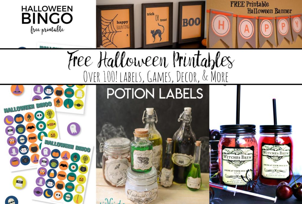 Free Halloween Printable Round-up. Over 100 free printables. Halloween decor, activities, food, labels, decorations, drinks, and more!