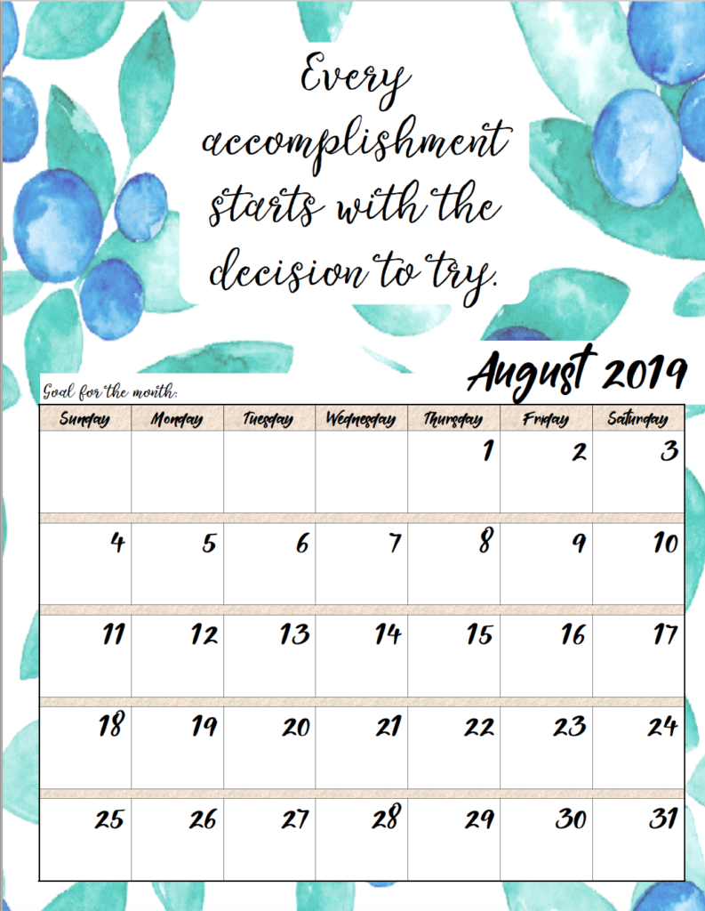 August. FREE Printable 2019 Monthly Motivational Calendars. Space for setting goals, different motivational quote each month, holidays marked. #free #freeprintable #printable #calendar #motivation