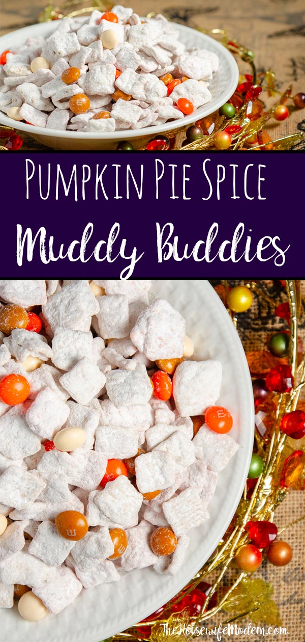 Pumpkin Pie Spice Muddy Buddies. Cinnamon Toast Crunch, white chocolate, and pumpkin pie spice combine to make a delicious, easy, fall treat. #muddybuddies #puppychow #pumpkin #pumpkinspice #pumpkinpiespice