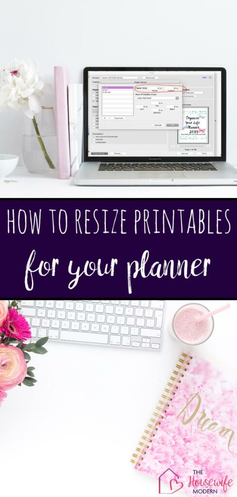 Pin image on how to resize printables to fit your planner. Computer mock-up and planner. 
