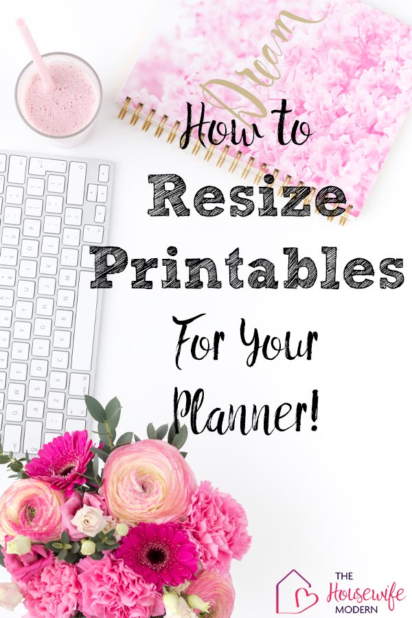Pin image on how to resize printables to fit your planner. Computer, planner, flowers, and text overlay.